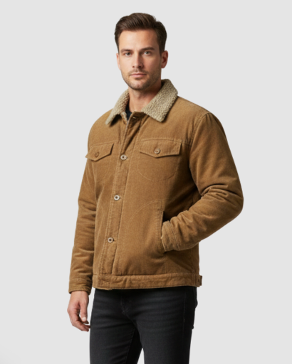 Veste homme velours côtelé doublée sherpa portée en hiver