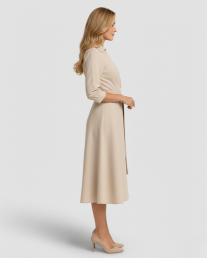 Robe midi femme – col en V évasé et taille ceinturée | Robe cocktail élégante
