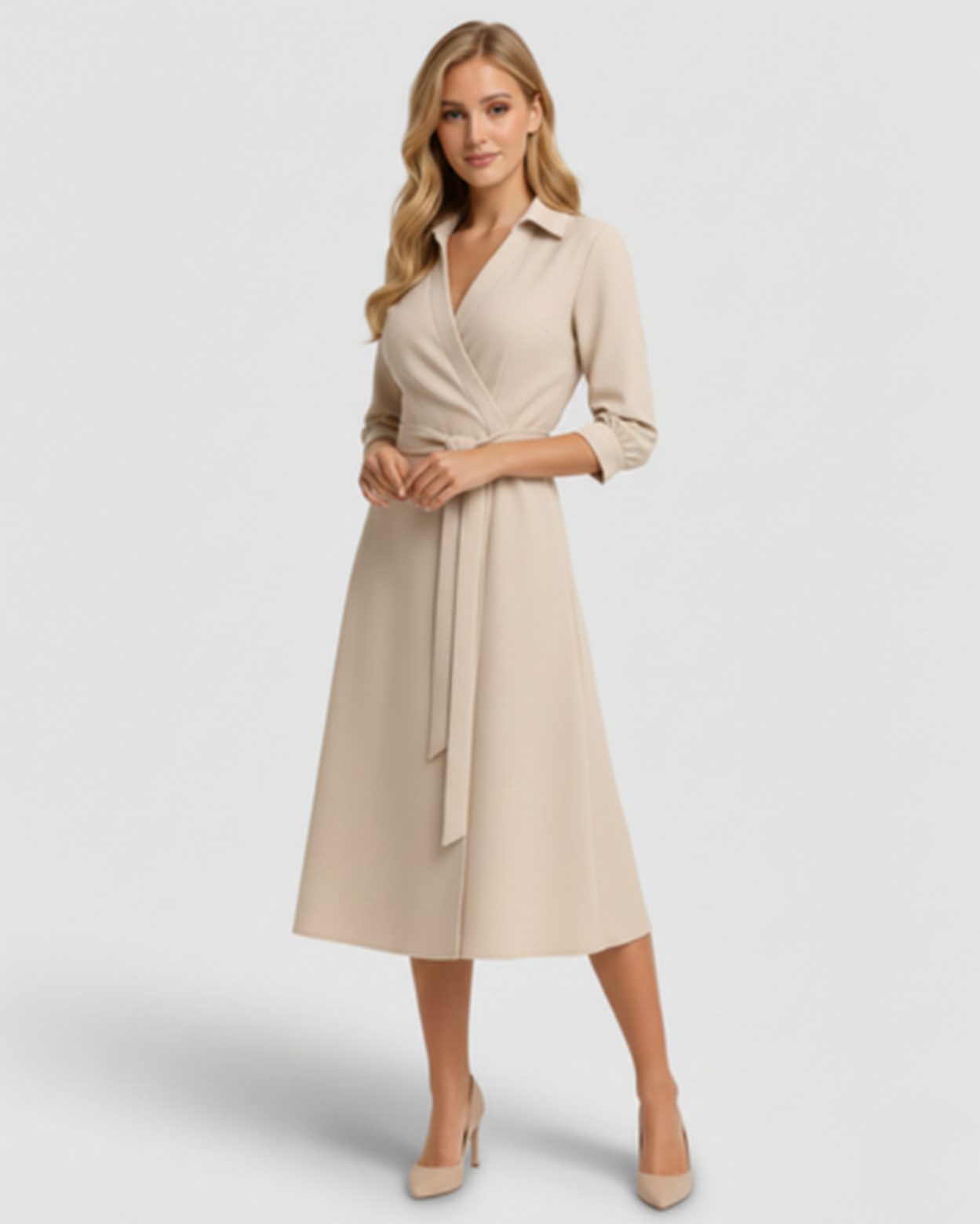 Robe midi femme – col en V évasé et taille ceinturée | Robe cocktail élégante