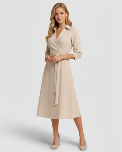 Robe midi femme – col en V évasé et taille ceinturée | Robe cocktail élégante