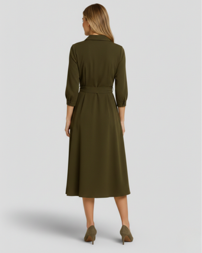 Robe midi femme – col en V évasé et taille ceinturée | Robe cocktail élégante