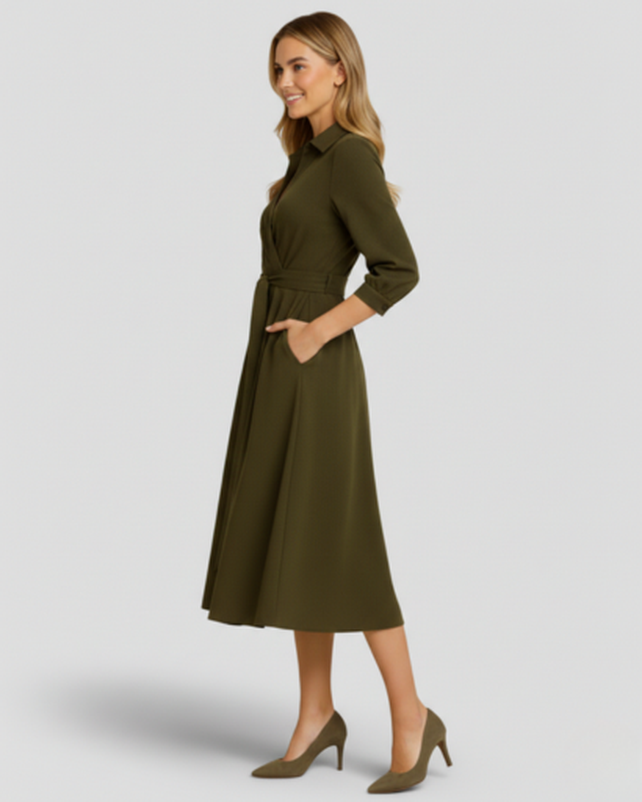 Robe midi femme – col en V évasé et taille ceinturée | Robe cocktail élégante