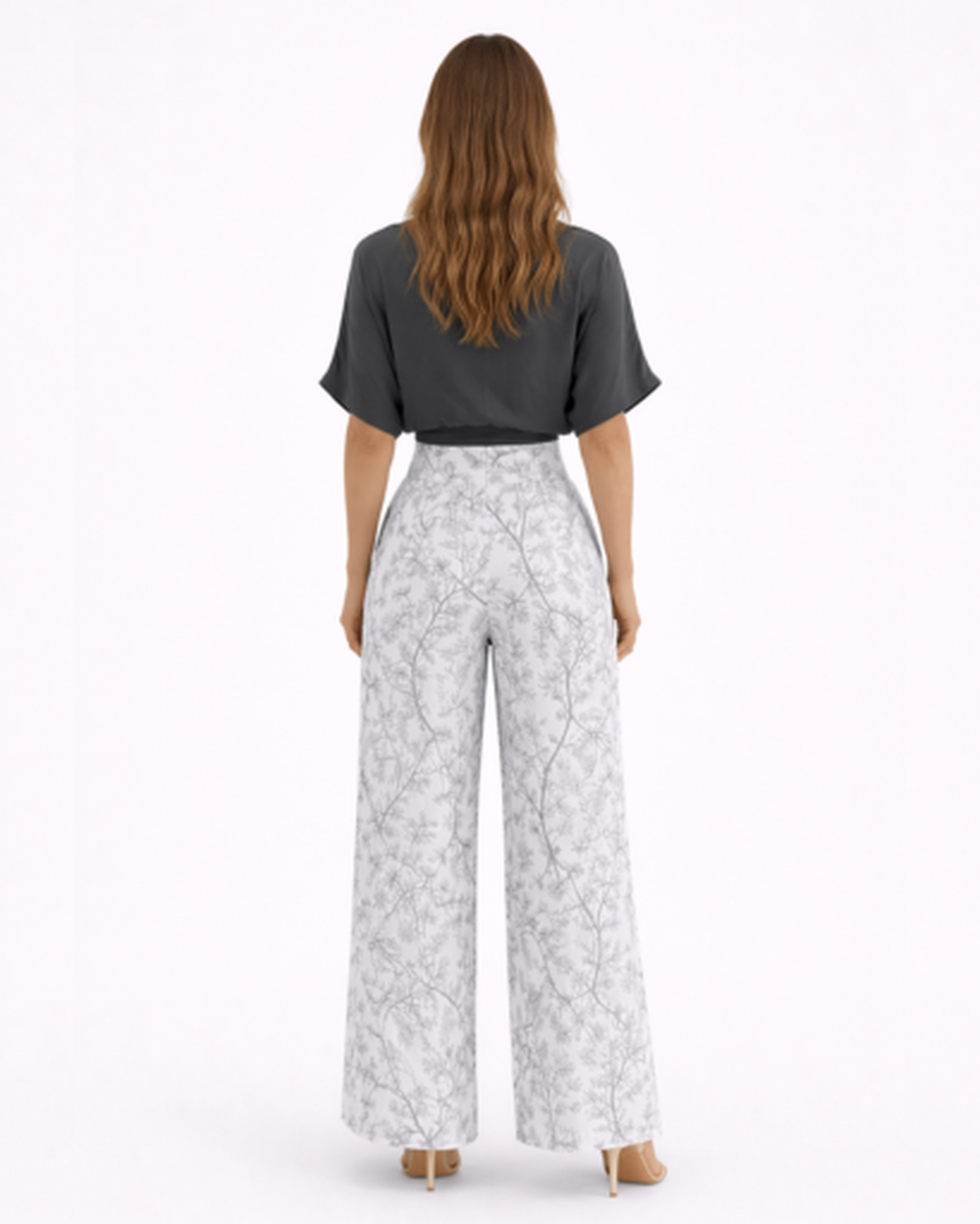 Ensemble Femme Élégant : Top Court Croisé et Pantalon Large à Motifs Floraux et Oiseaux