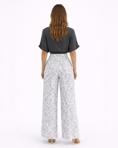 Ensemble Femme Élégant : Top Court Croisé et Pantalon Large à Motifs Floraux et Oiseaux