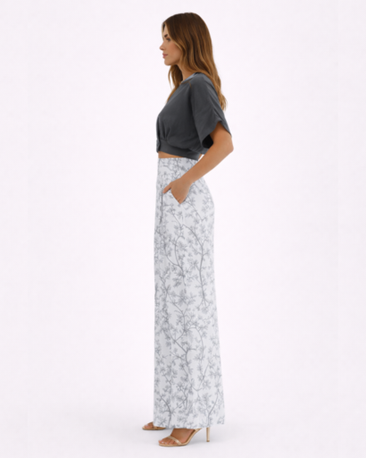 Ensemble Femme Élégant : Top Court Croisé et Pantalon Large à Motifs Floraux et Oiseaux