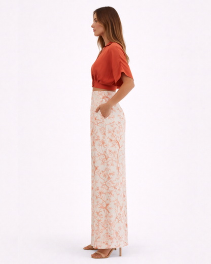 Ensemble Femme Élégant : Top Court Croisé et Pantalon Large à Motifs Floraux et Oiseaux