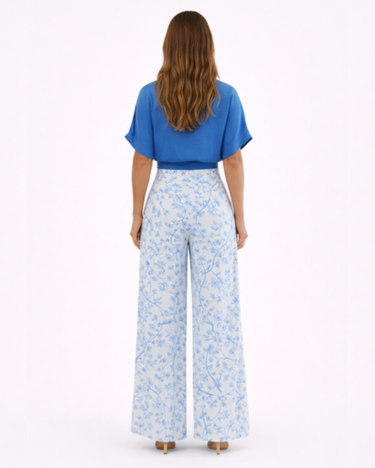 Ensemble Femme Élégant : Top Court Croisé et Pantalon Large à Motifs Floraux et Oiseaux