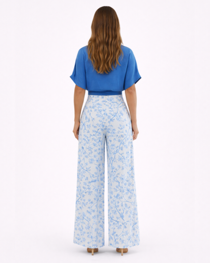 Ensemble Femme Élégant : Top Court Croisé et Pantalon Large à Motifs Floraux et Oiseaux