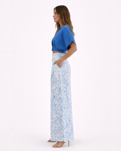 Ensemble Femme Élégant : Top Court Croisé et Pantalon Large à Motifs Floraux et Oiseaux