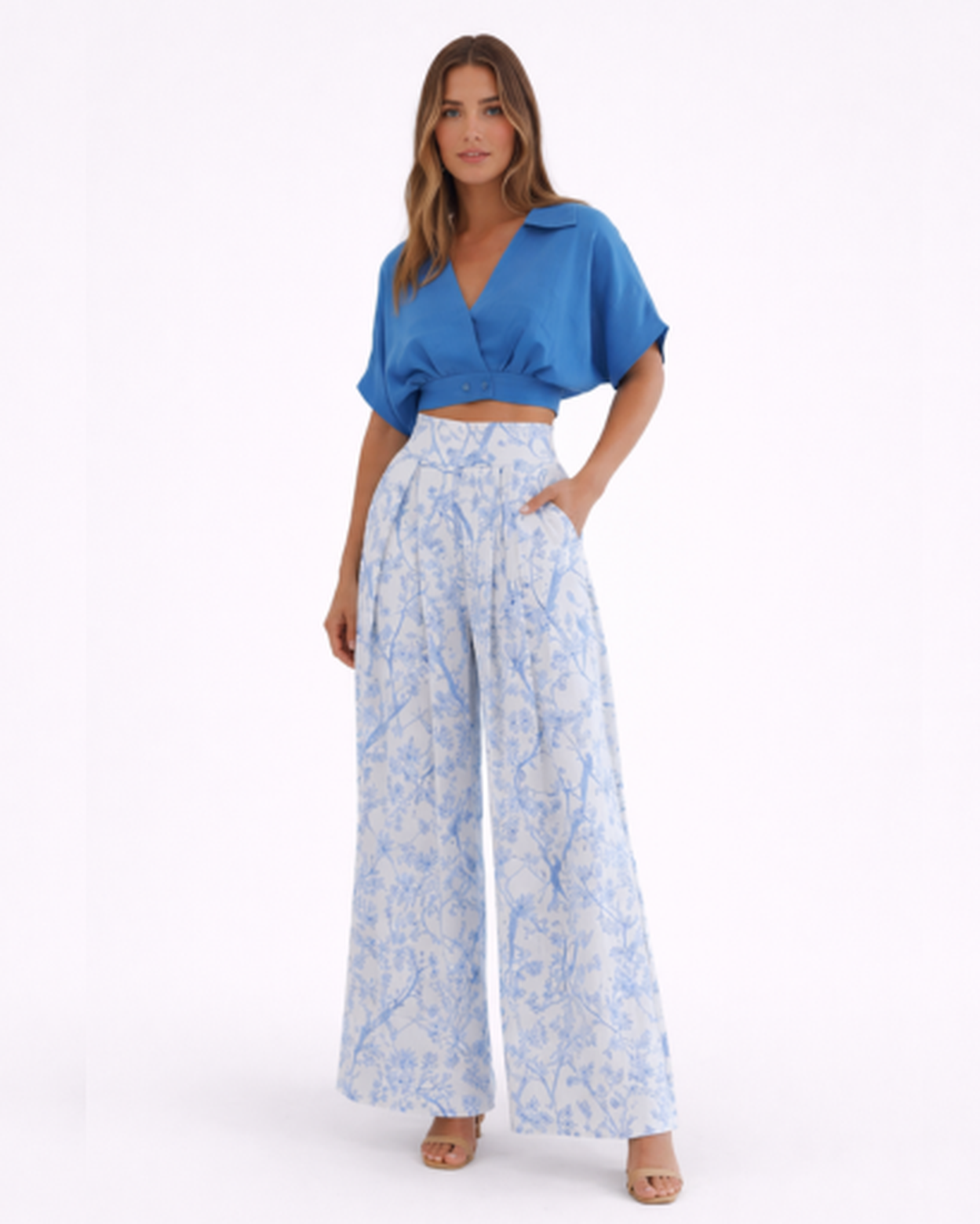 Ensemble Femme Élégant : Top Court Croisé et Pantalon Large à Motifs Floraux et Oiseaux