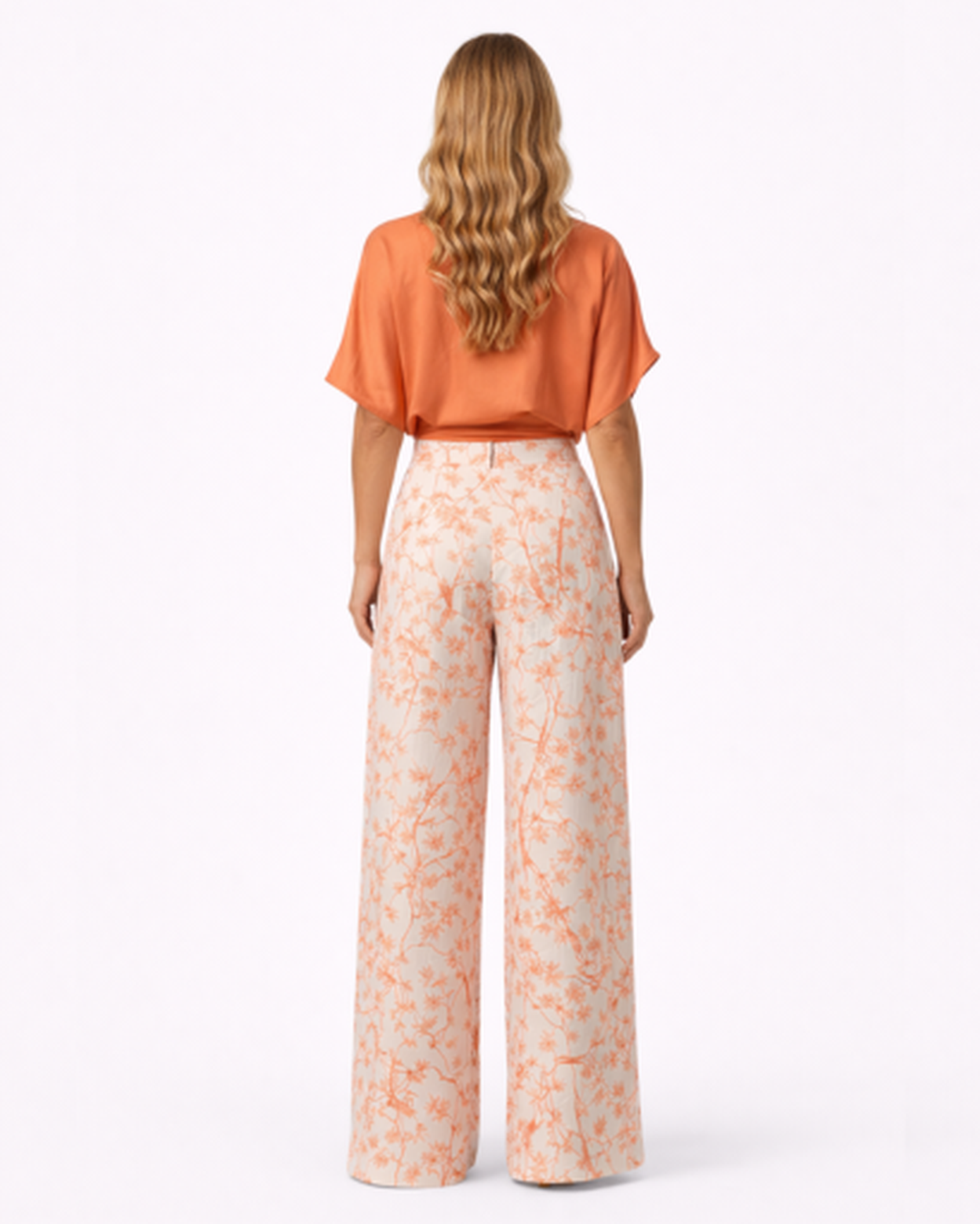 Ensemble Femme Élégant : Top Court Croisé et Pantalon Large à Motifs Floraux et Oiseaux