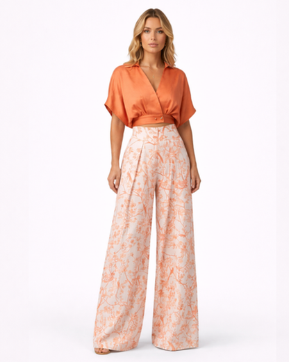 Ensemble Femme Élégant : Top Court Croisé et Pantalon Large à Motifs Floraux et Oiseaux
