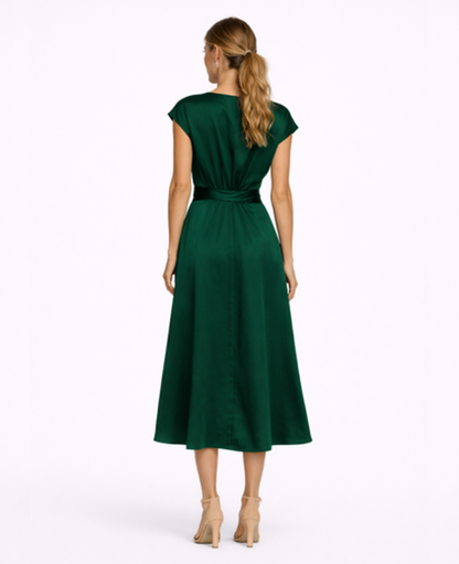 Robe Longue Satinée Femme – Soirée & Cérémonie, Coupe Fluide Taille Nouée Élégante