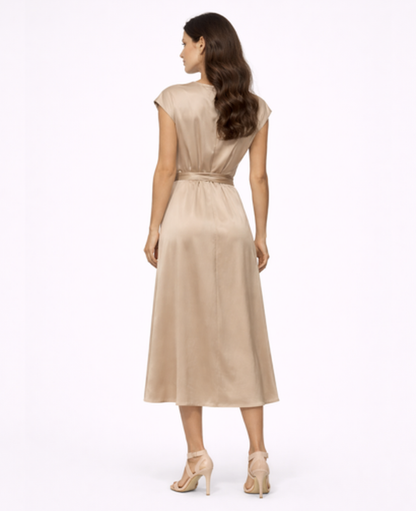 Robe Longue Satinée Femme – Soirée & Cérémonie, Coupe Fluide Taille Nouée Élégante
