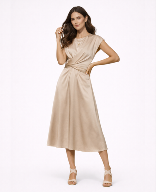 Robe Longue Satinée Femme – Soirée & Cérémonie, Coupe Fluide Taille Nouée Élégante
