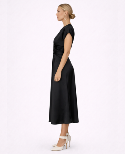 Robe Longue Satinée Femme – Soirée & Cérémonie, Coupe Fluide Taille Nouée Élégante