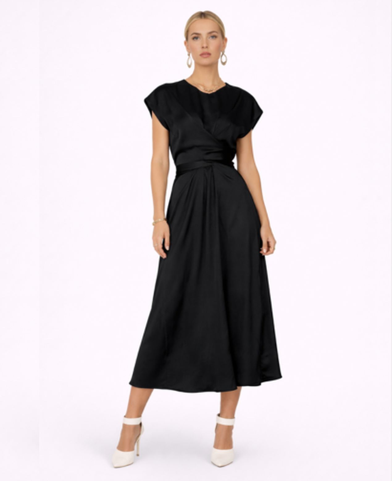Robe Longue Satinée Femme – Soirée & Cérémonie, Coupe Fluide Taille Nouée Élégante