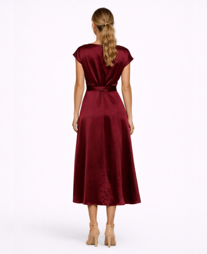 Robe Longue Satinée Femme – Soirée & Cérémonie, Coupe Fluide Taille Nouée Élégante