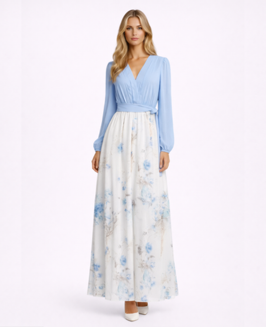 Robe maxi invitée de mariage – cache-cœur fleurie et fluide | robe longue florale col en V