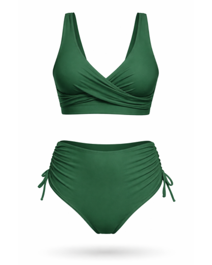 Maillot de Bain Deux Pièces Femme – Taille Haute Drapé Croisé | Style Élégant & Féminin Été