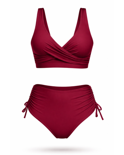 Maillot de Bain Deux Pièces Femme – Taille Haute Drapé Croisé | Style Élégant & Féminin Été
