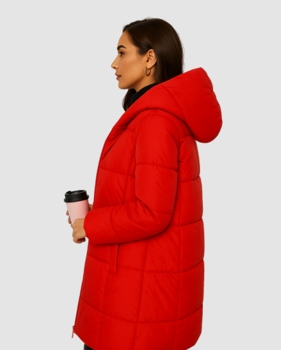 Manteau long matelassé femme à capuche porté en hiver