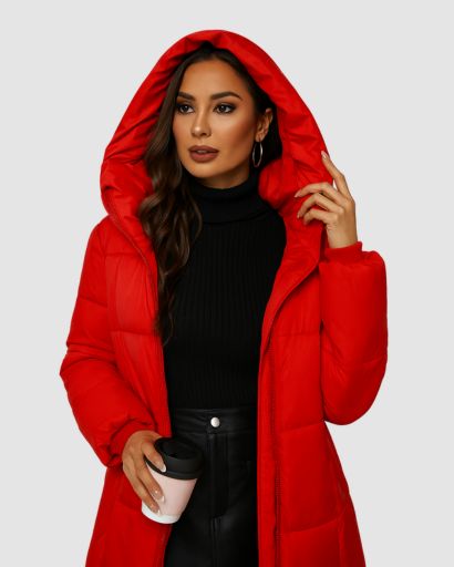 Manteau long matelassé femme à capuche porté en hiver