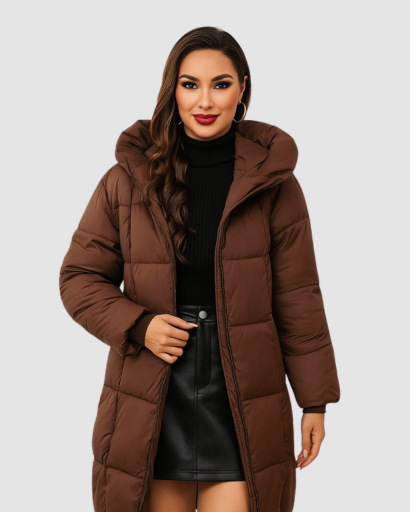 Manteau long matelassé femme à capuche porté en hiver