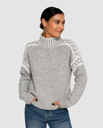 Pull femme col montant motif nordique gris, vue de face