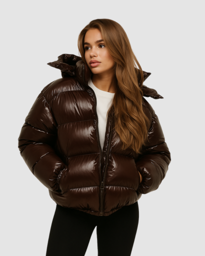 Doudoune brillante femme à capuche portée en hiver