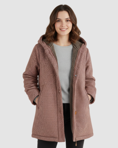 Manteau long femme à capuche doublé polaire porté en hiver