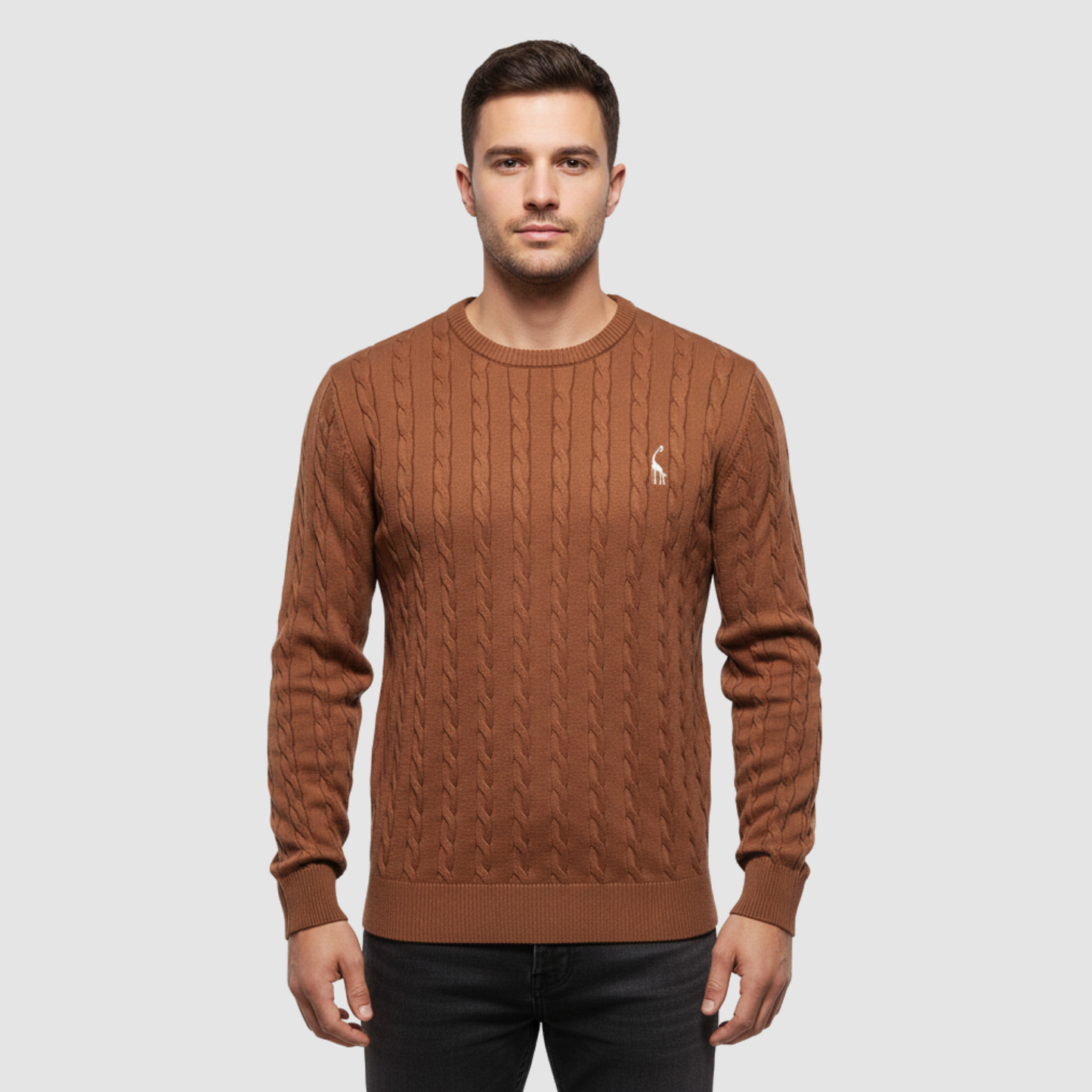Pull homme en maille torsadée col rond porté en automne