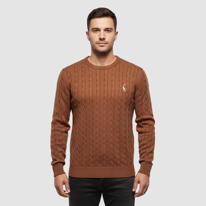 Pull homme en maille torsadée col rond porté en automne