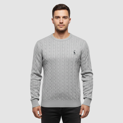 Pull homme en maille torsadée col rond porté en automne