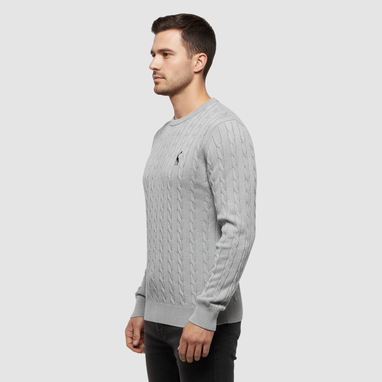 Pull homme en maille torsadée col rond porté en automne