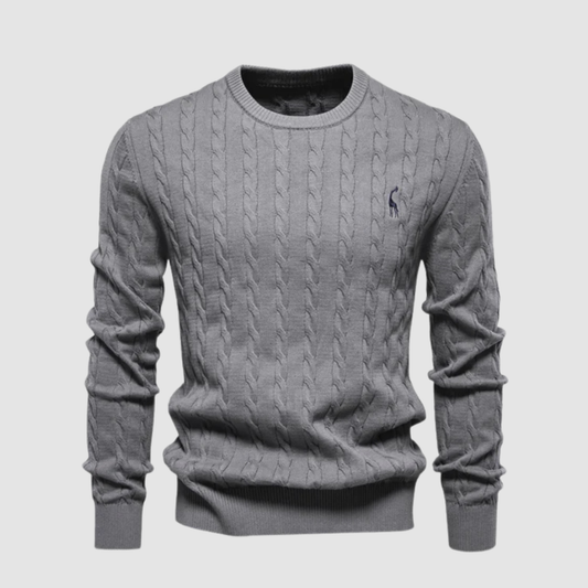 Pull homme en maille torsadée col rond porté en automne