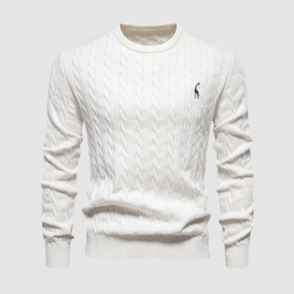 Pull homme en maille torsadée col rond porté en automne