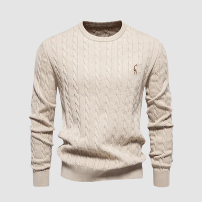 Pull homme en maille torsadée col rond porté en automne