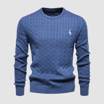 Pull homme en maille torsadée col rond porté en automne