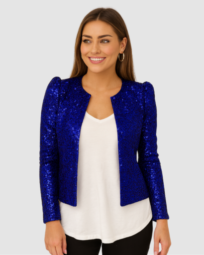 Veste courte femme à paillettes portée en soirée