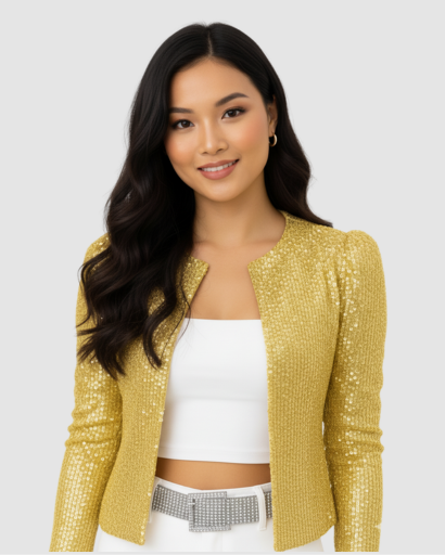 Veste courte femme à paillettes portée en soirée