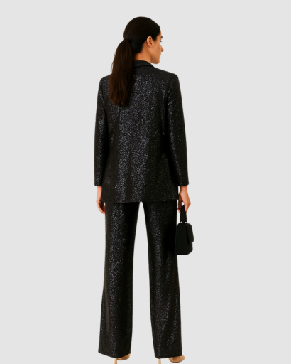 Ensemble pailleté femme noir, blazer long vu de dos