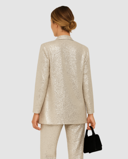 Ensemble pailleté femme argent, blazer long vu de dos