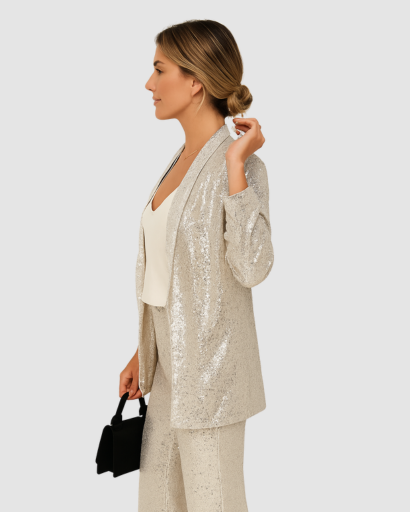 Ensemble pailleté femme argent vu de profil, pantalon large fluide