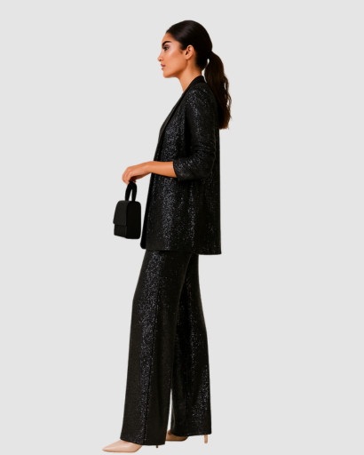 Ensemble pailleté femme noir vu de profil, blazer long et pantalon large
