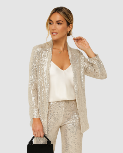 Ensemble pailleté femme argent, blazer long et pantalon large, vue de face