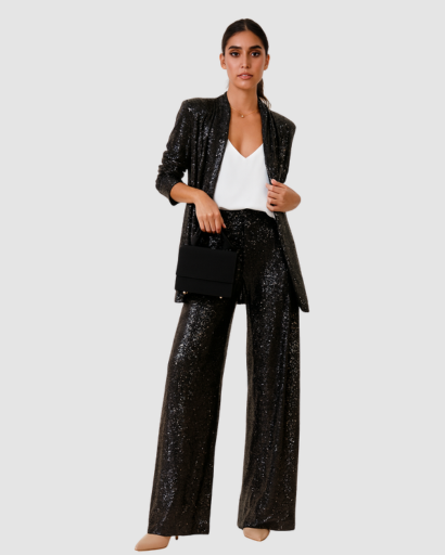 Ensemble pailleté femme noir, blazer long et pantalon large, vue en pied de face