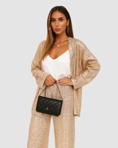Ensemble pailleté femme or, blazer long ouvert et pantalon large, vue de face