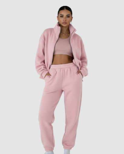 Ensemble jogging femme haut zippé et pantalon porté au quotidien