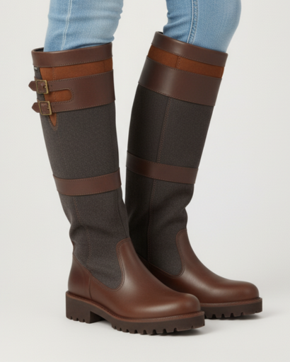 Bottes hautes équestres femme brun foncé, tige en textile anthracite et doubles boucles, gros plan